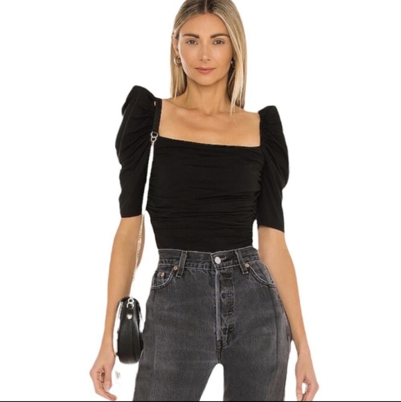 Frame Denim Tops - FRAME Betty Knitted Black Noir Square Neck Ruched Puff Sleeve Top Shirt